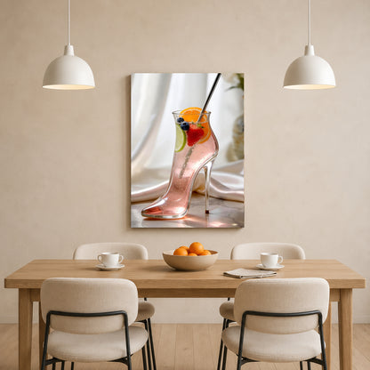 A vertical canvas wall art print depicting a pink high-heeled shoe filled with a pink cocktail, displayed on a beige wall above a wooden dining table with chairs.