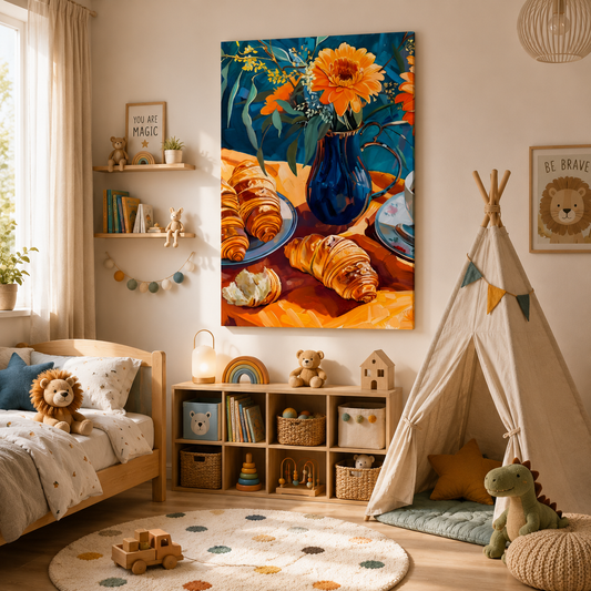Croissant Breakfast Floral Wall Art Kitchen Canvas Painting Decor