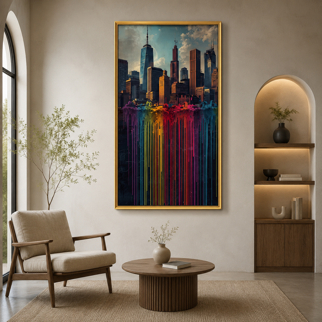 Modern Dripping City Skyline Vertical Canvas Wall Art