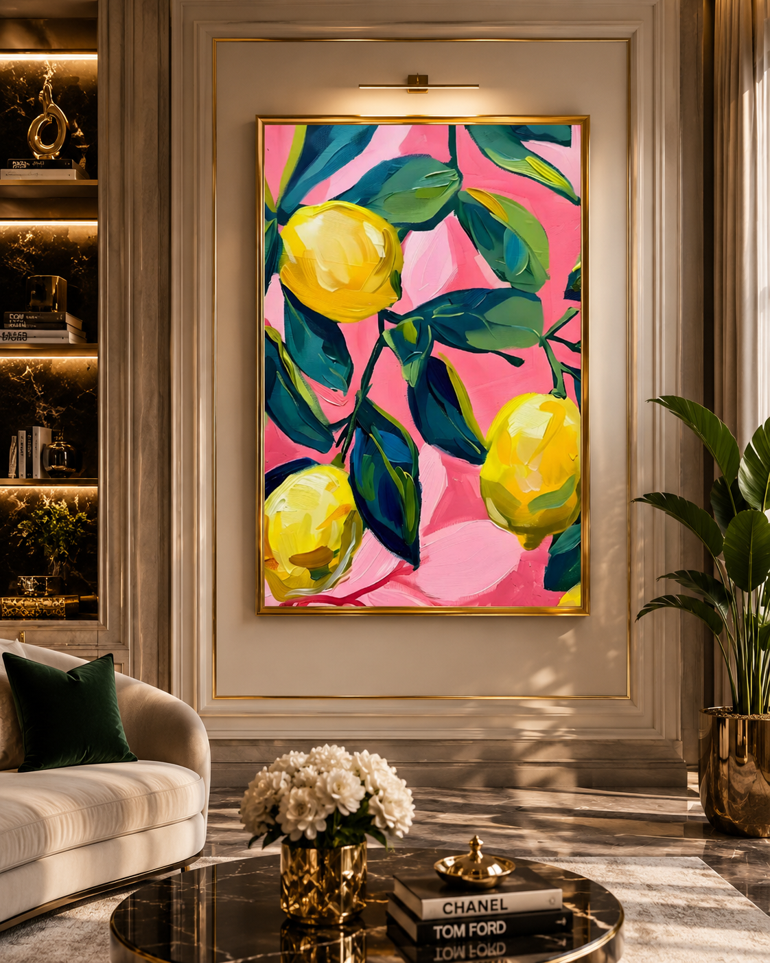 Abstract Lemon Fruit Wall Art Pink Canvas Painting for Kids Room