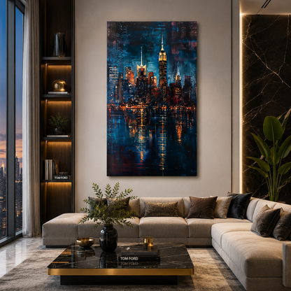 Luxury Night Skyline Reflection Vertical Canvas Wall Art
