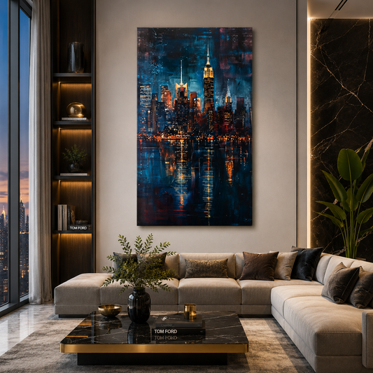 Luxury Night Skyline Reflection Vertical Canvas Wall Art
