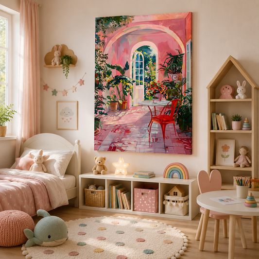 Pink Garden Patio Wall Art Abstract Canvas Painting for Kids Room