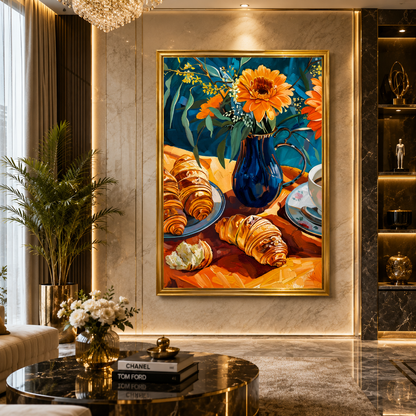 Croissant Breakfast Floral Wall Art Kitchen Canvas Painting Decor