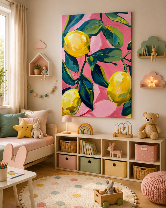 Abstract Lemon Fruit Wall Art Pink Canvas Painting for Kids Room