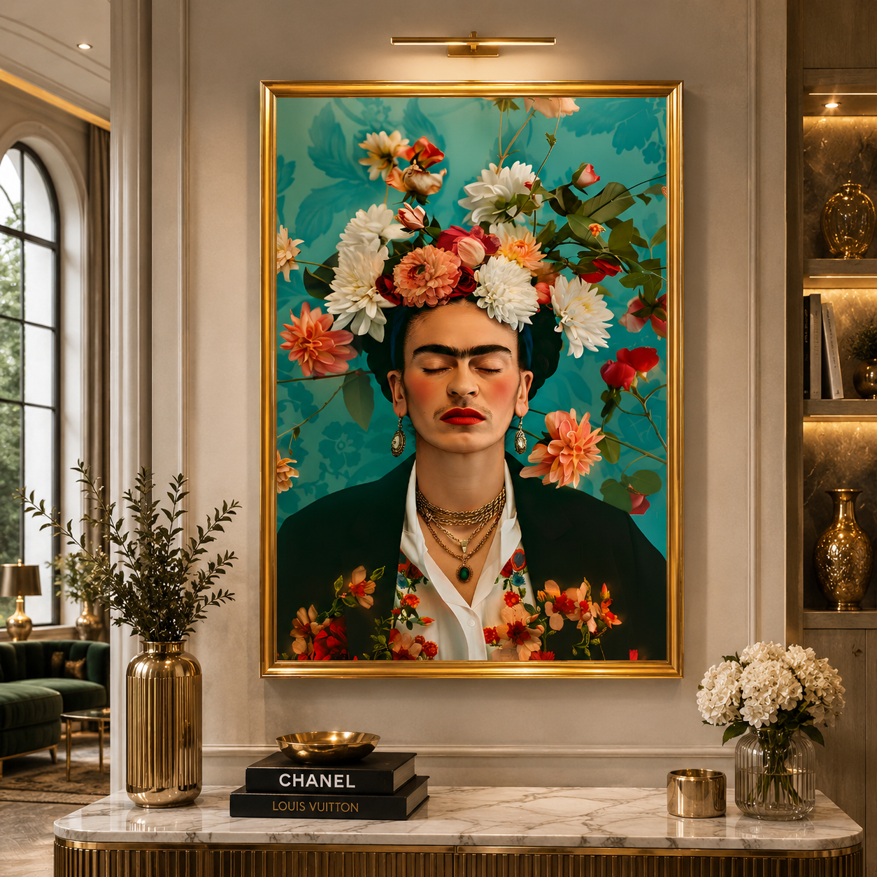 Frida Kahlo Inspired Floral Portrait Wall Art Canvas Painting