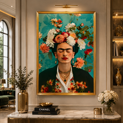 Frida Kahlo Inspired Floral Portrait Wall Art Canvas Painting