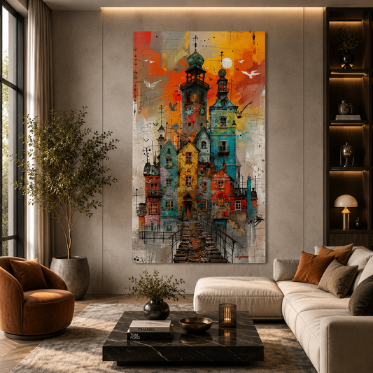 Colorful Fantasy Town Vertical Canvas Wall Art Painting