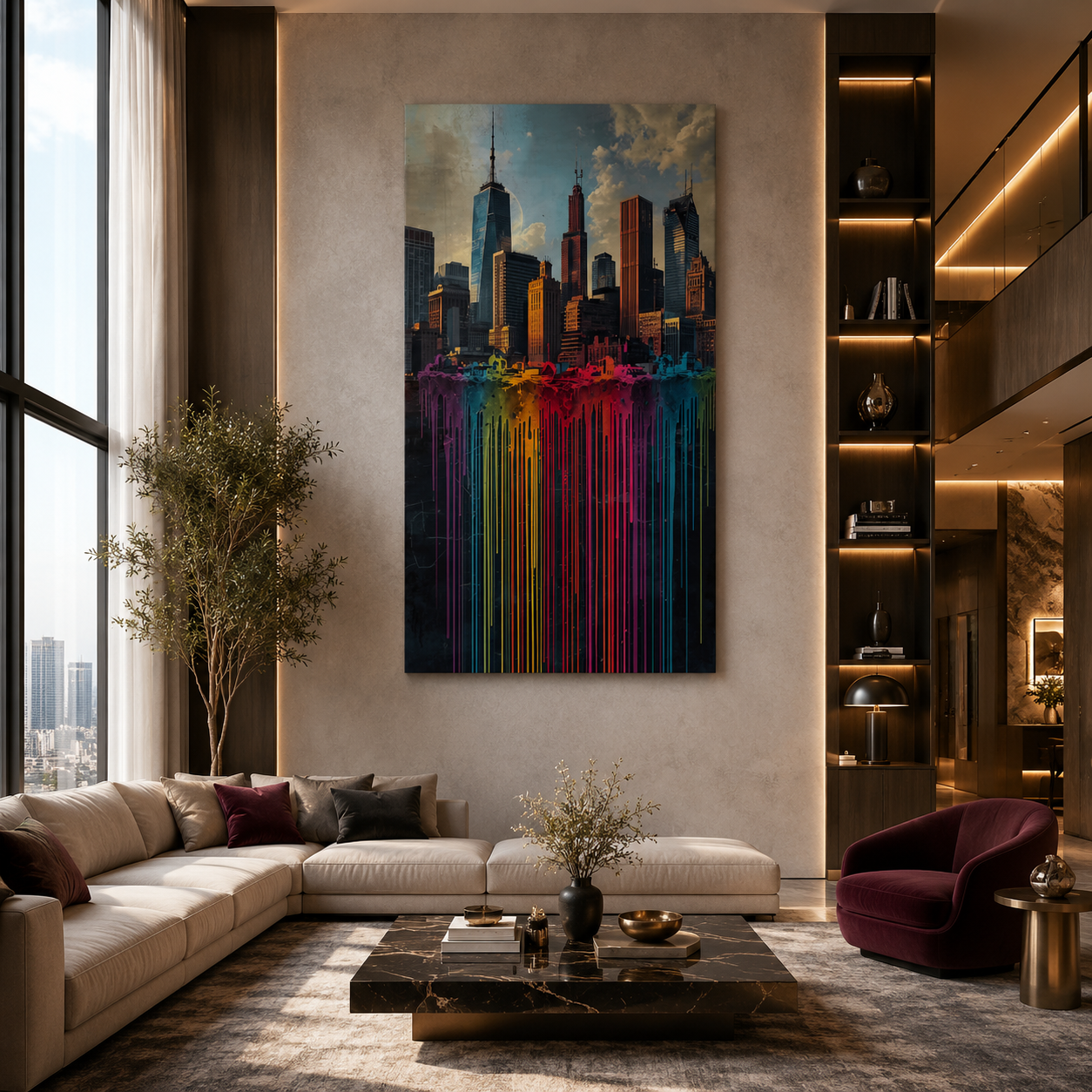 Modern Dripping City Skyline Vertical Canvas Wall Art