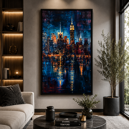 Luxury Night Skyline Reflection Vertical Canvas Wall Art