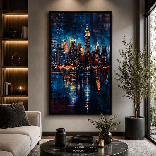 Luxury Night Skyline Reflection Vertical Canvas Wall Art