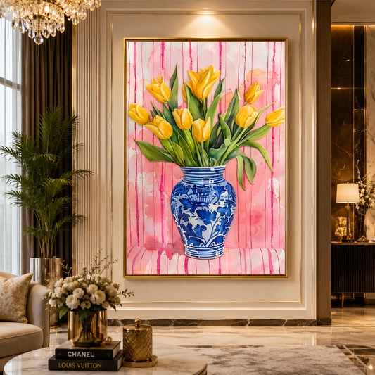 Yellow Tulip Floral Wall Art Pink Canvas Painting for Kids Room
