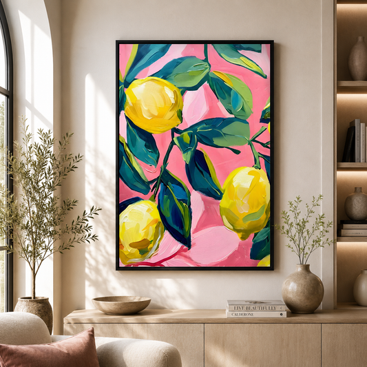 Abstract Lemon Fruit Wall Art Pink Canvas Painting for Kids Room
