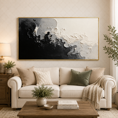 Black White Abstract Canvas Wall Art Modern Textured Painting Decor