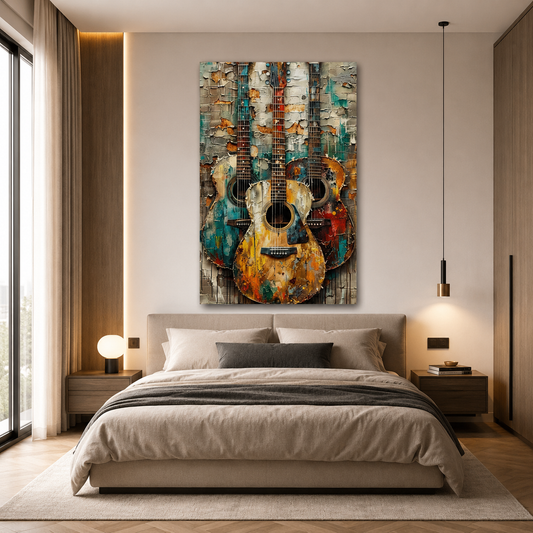 Rustic Acoustic Guitar Canvas Wall Art Vintage Music Painting Decor