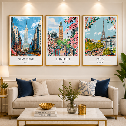 New York London Paris Travel Poster Set of 3 Wall Art Painting