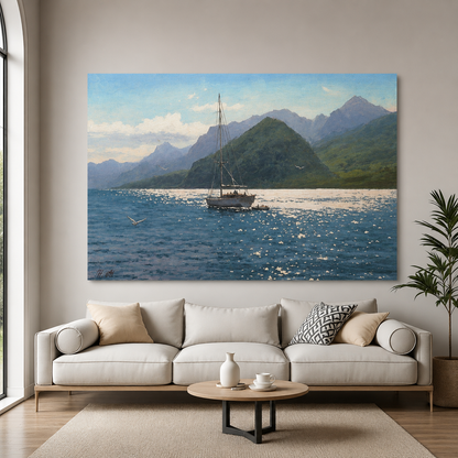 Mountain Lake Sailboat Canvas Wall Art for Living Room Home Decor