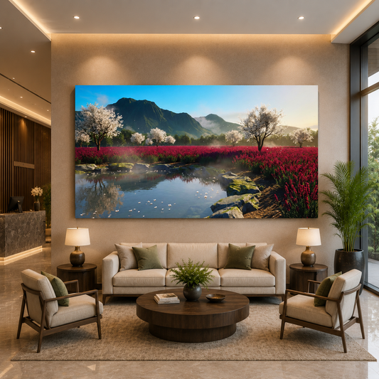 Mountain Blossom Lake Landscape Canvas Wall Art for Modern Interiors