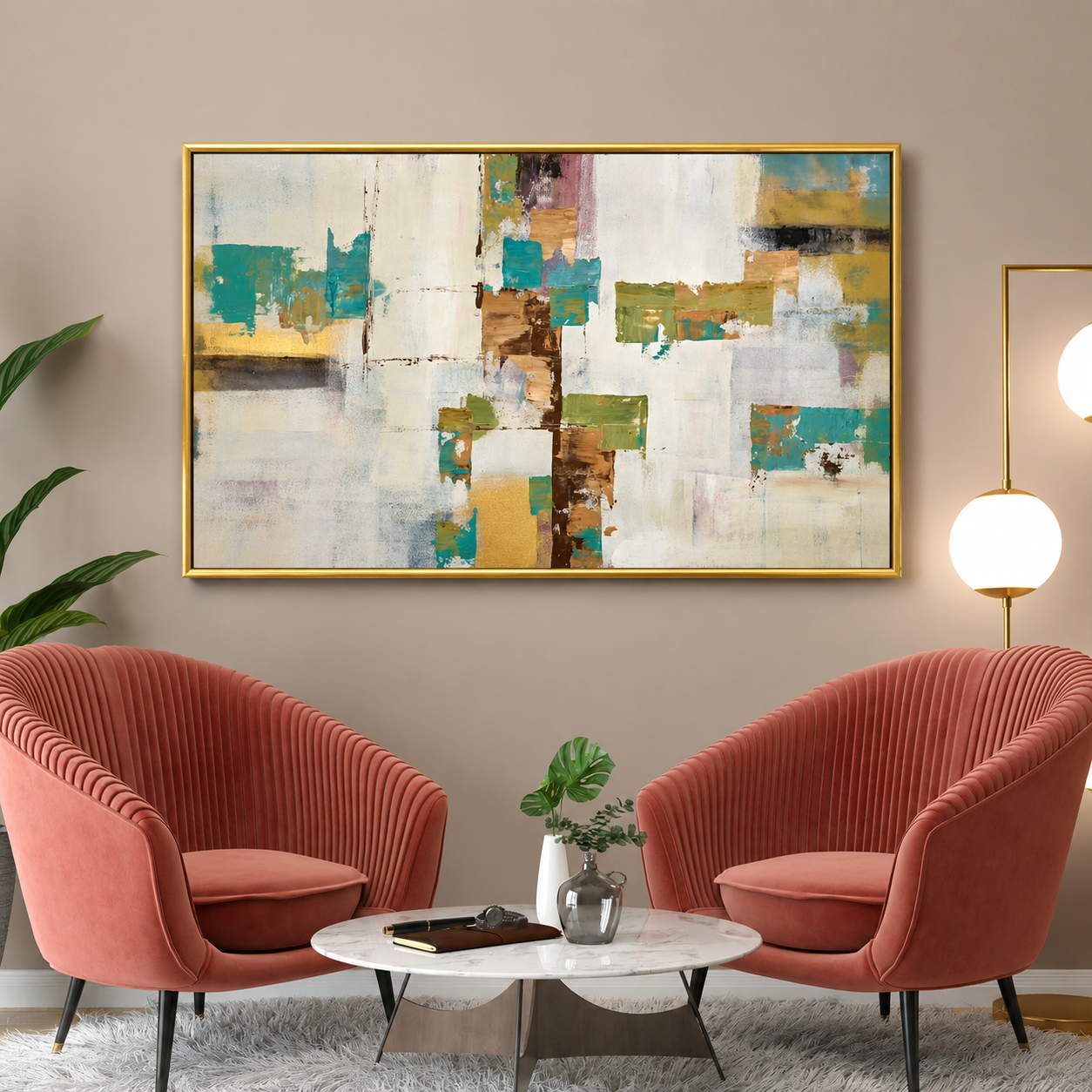 Modern Teal Gold Abstract Canvas Wall Art for Living Room Decor