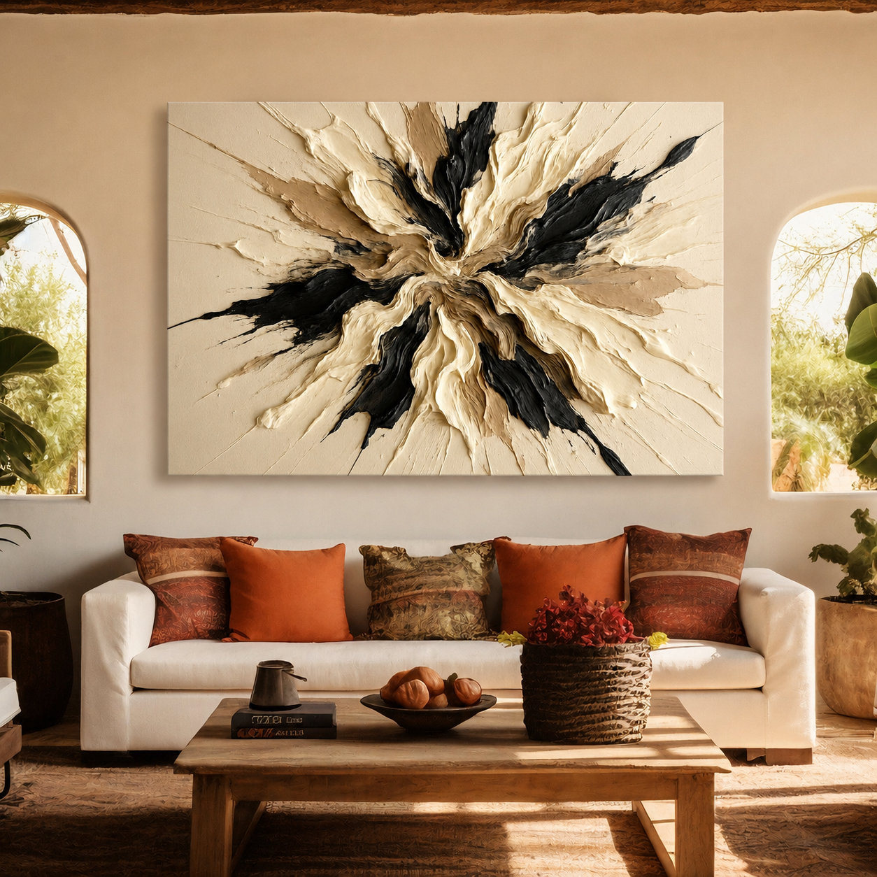 Modern Textured Abstract Canvas Wall Art Neutral Beige Black Painting