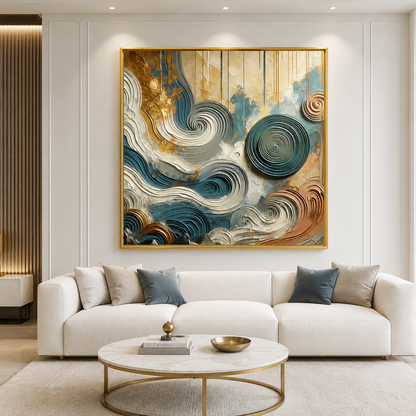 Modern living room with a white sofa, abstract painting, and round coffee table.