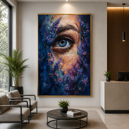 Abstract Eye Canvas Wall Art Blue Floral Portrait Painting for Decor