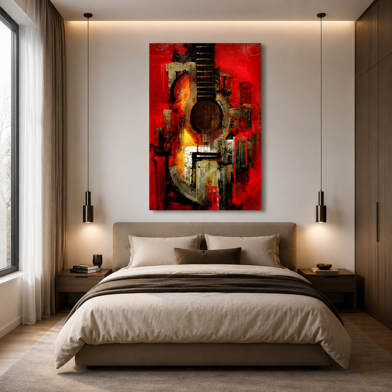 Abstract Red Guitar Canvas Wall Art