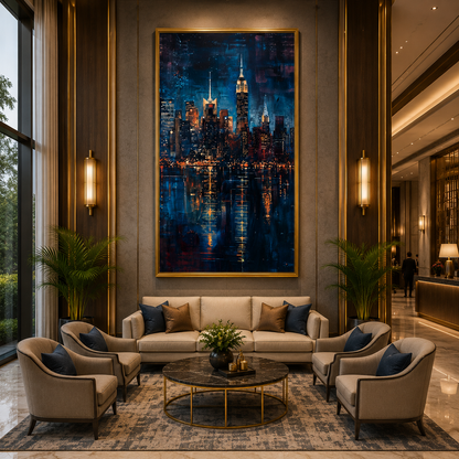 Luxury Night Skyline Reflection Vertical Canvas Wall Art