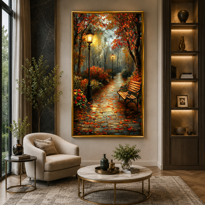 Luxury Autumn Park Path Vertical Canvas Wall Art Painting