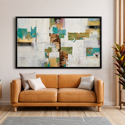Modern Teal Gold Abstract Canvas Wall Art for Living Room Decor