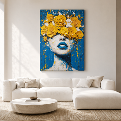 Blue Floral Woman Canvas Wall Art