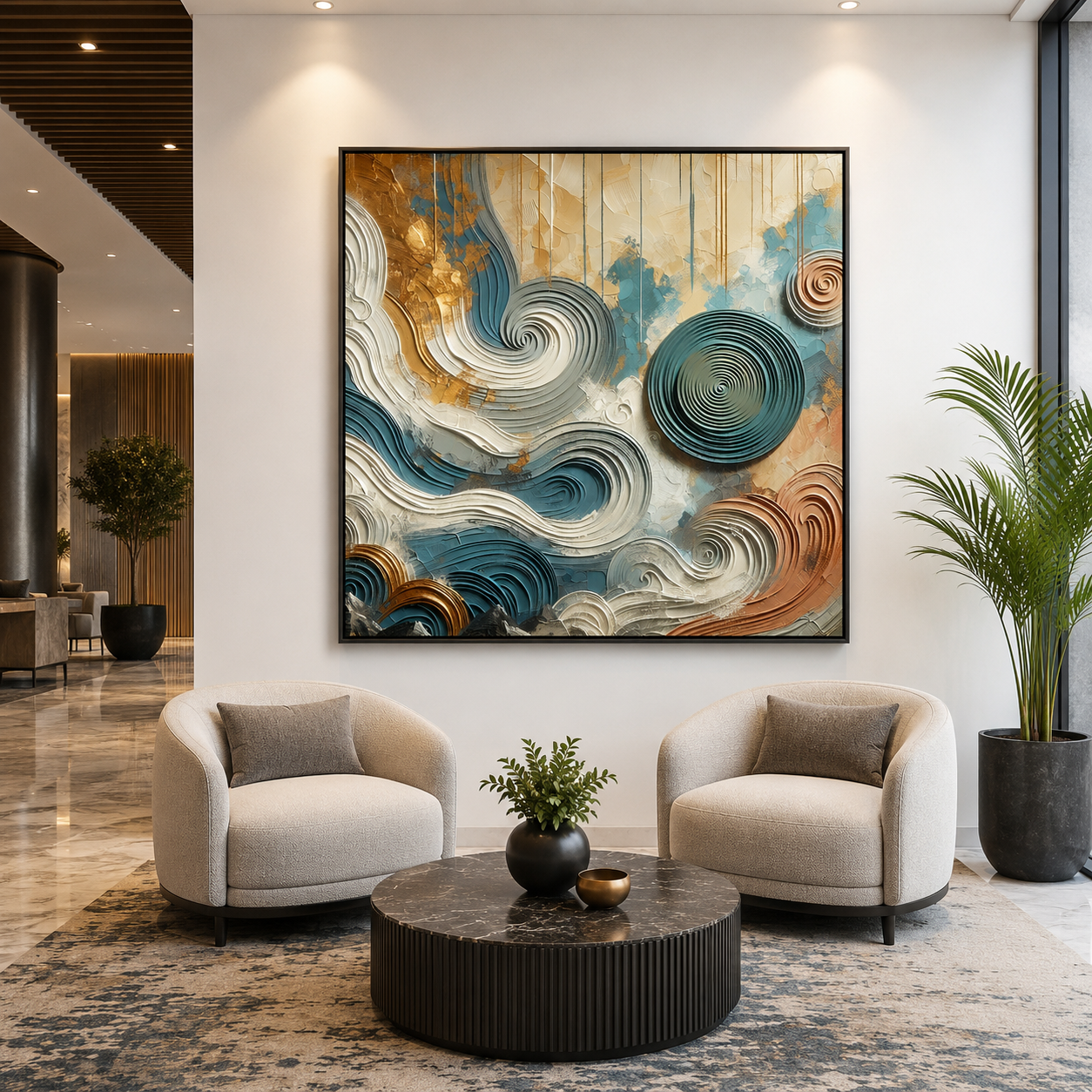 Modern living room with two armchairs, a round coffee table, and abstract wall art.