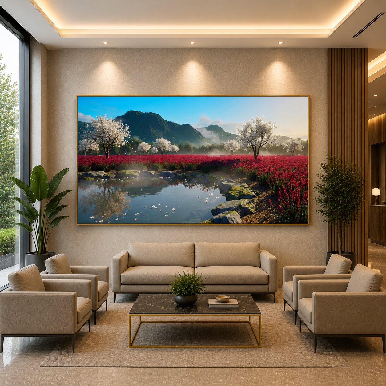 Mountain Blossom Lake Landscape Canvas Wall Art for Modern Interiors