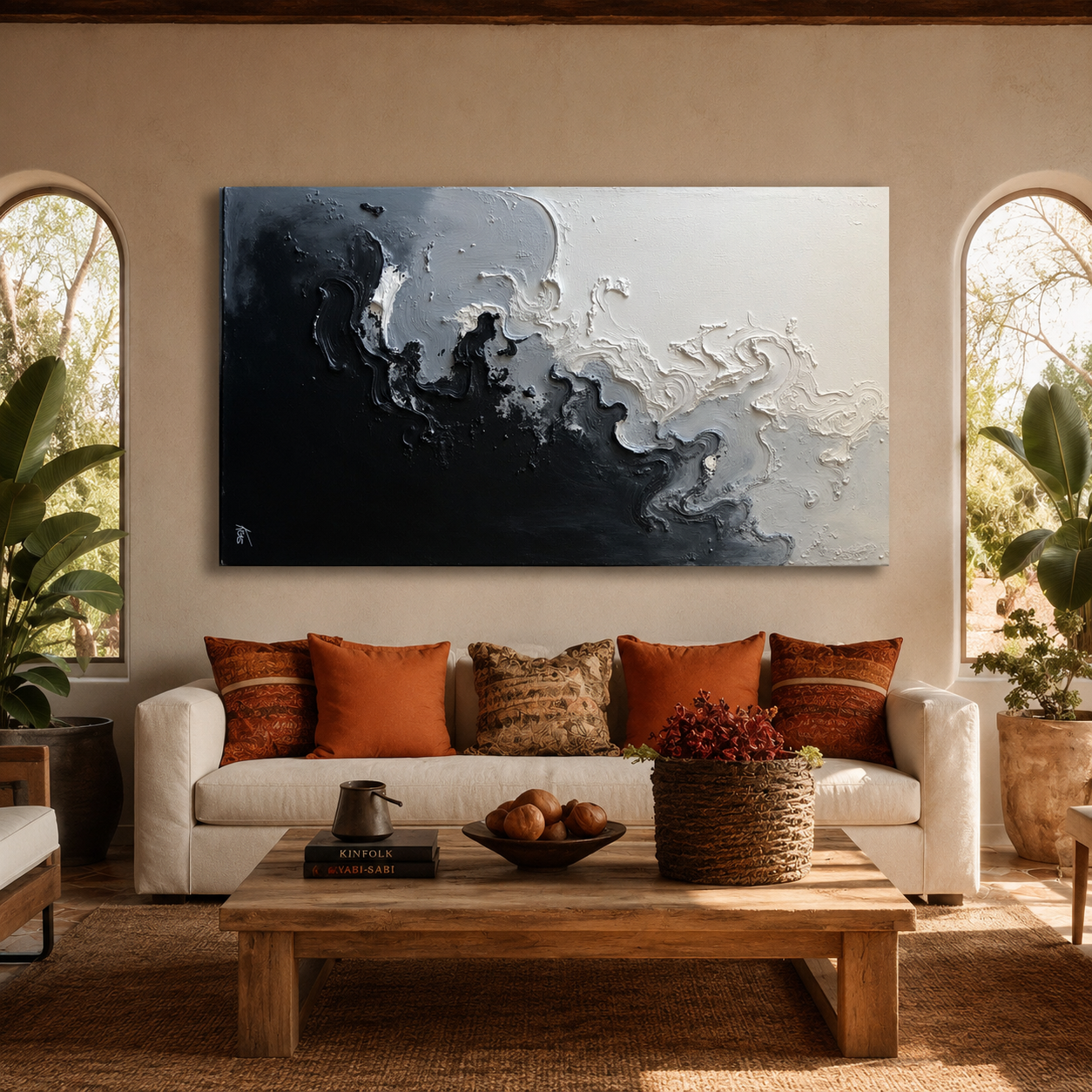 Black White Abstract Canvas Wall Art Modern Textured Painting Decor