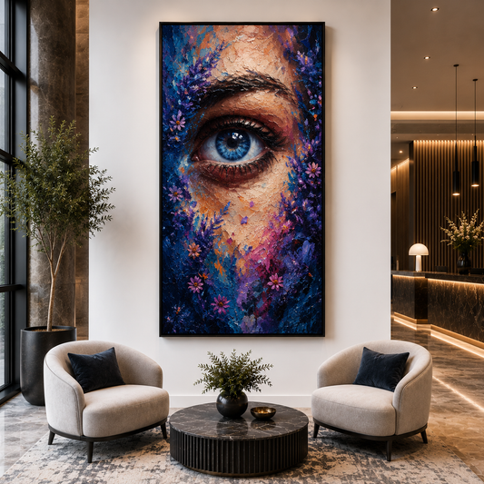 Abstract Eye Canvas Wall Art Blue Floral Portrait Painting for Decor