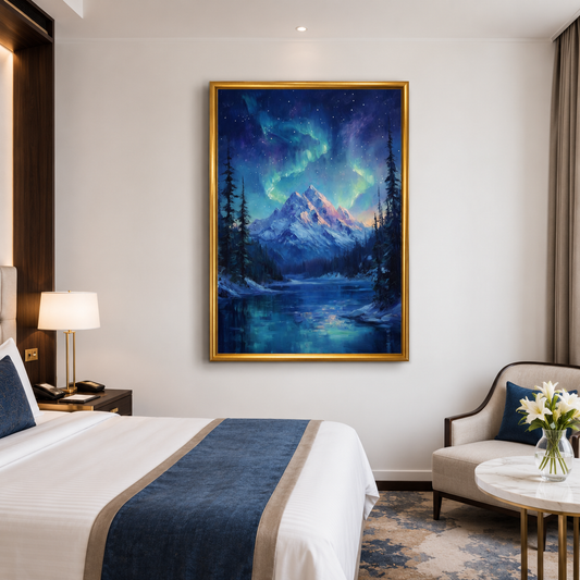 Aurora Mountain Lake Canvas Wall Art Northern Lights Painting