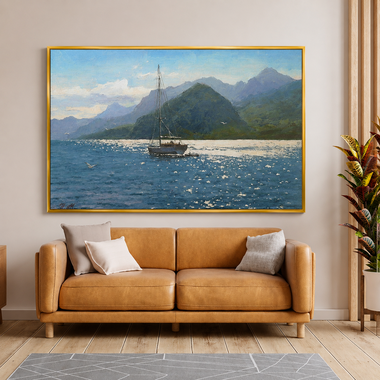 Mountain Lake Sailboat Canvas Wall Art for Living Room Home Decor