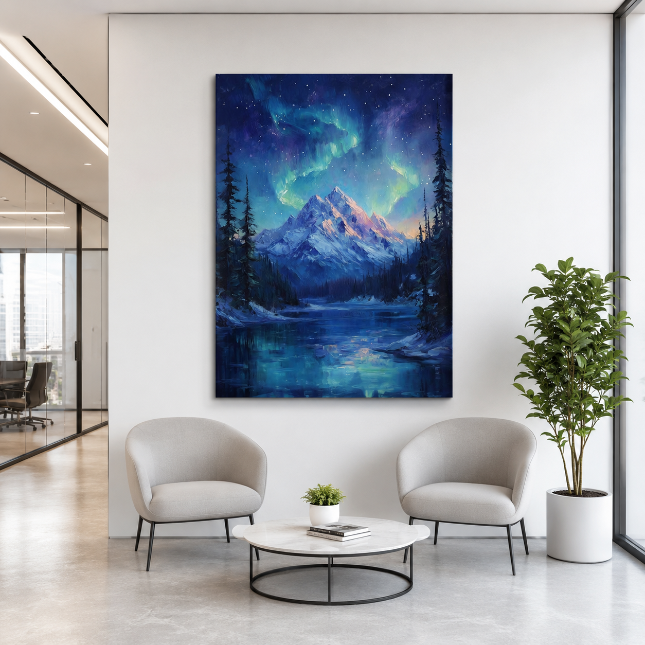 Aurora Mountain Lake Canvas Wall Art Northern Lights Painting