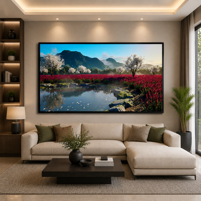 Mountain Blossom Lake Landscape Canvas Wall Art for Modern Interiors