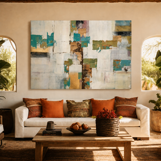 Modern Teal Gold Abstract Canvas Wall Art for Living Room Decor