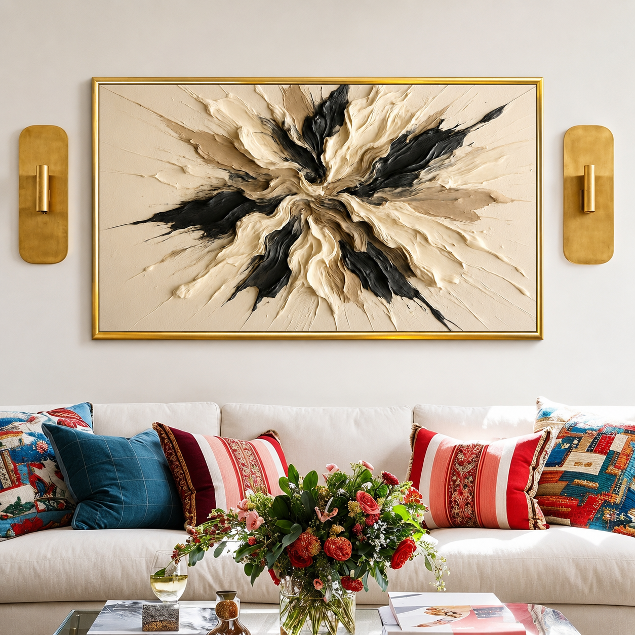 Modern Textured Abstract Canvas Wall Art Neutral Beige Black Painting