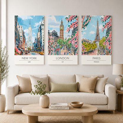 New York London Paris Travel Poster Set of 3 Wall Art Painting
