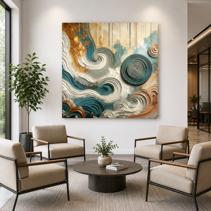 Modern living room with abstract wall art, chairs, and a coffee table.