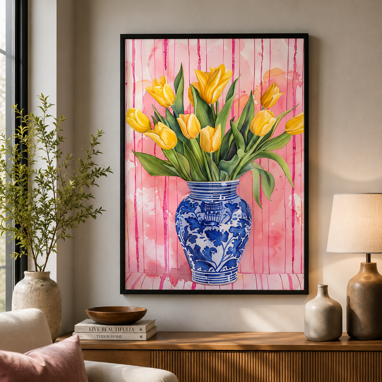 Yellow Tulip Floral Wall Art Pink Canvas Painting for Kids Room