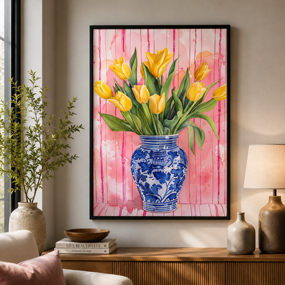 Yellow Tulip Floral Wall Art Pink Canvas Painting for Kids Room