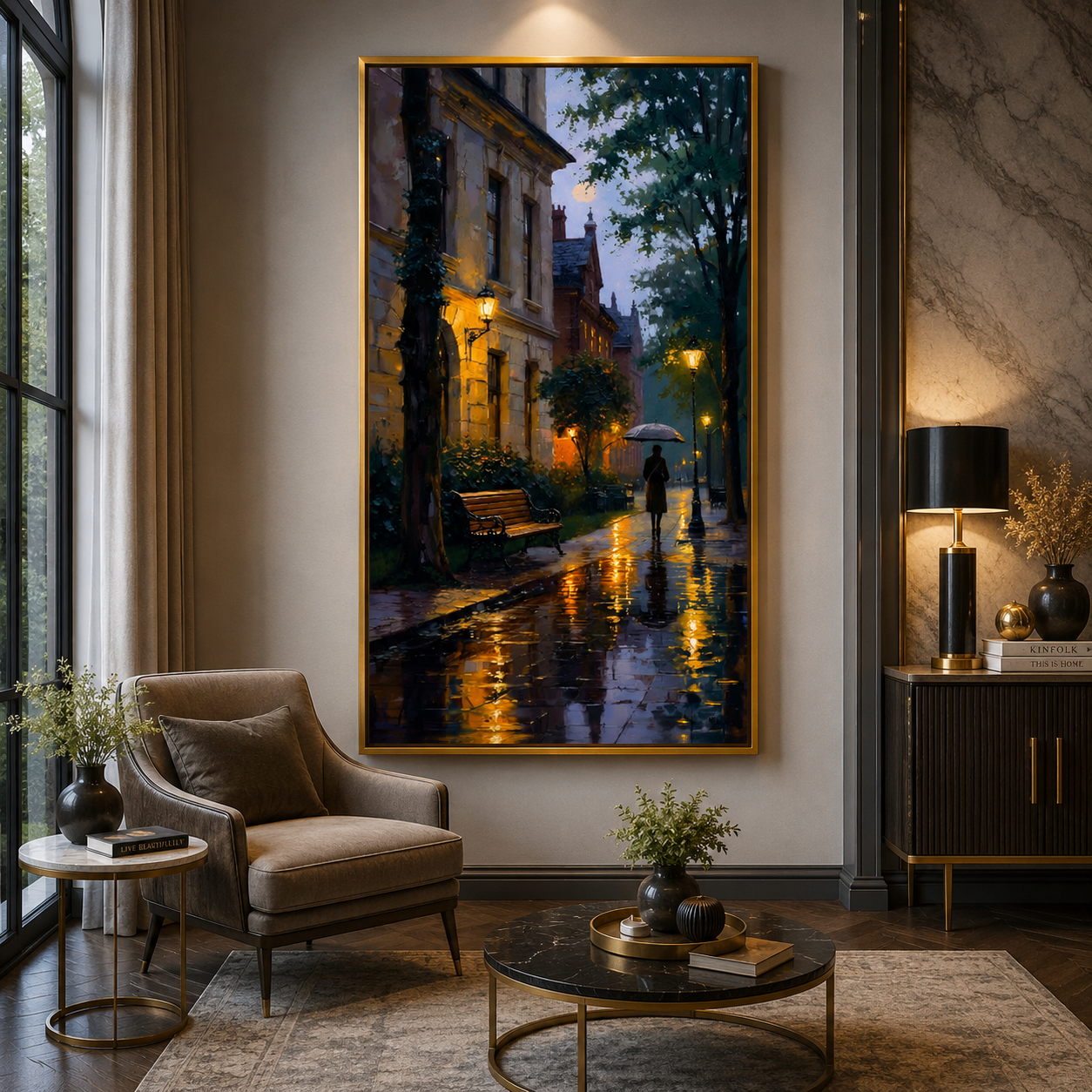 Romantic Rainy Street Vertical Canvas Wall Art Painting