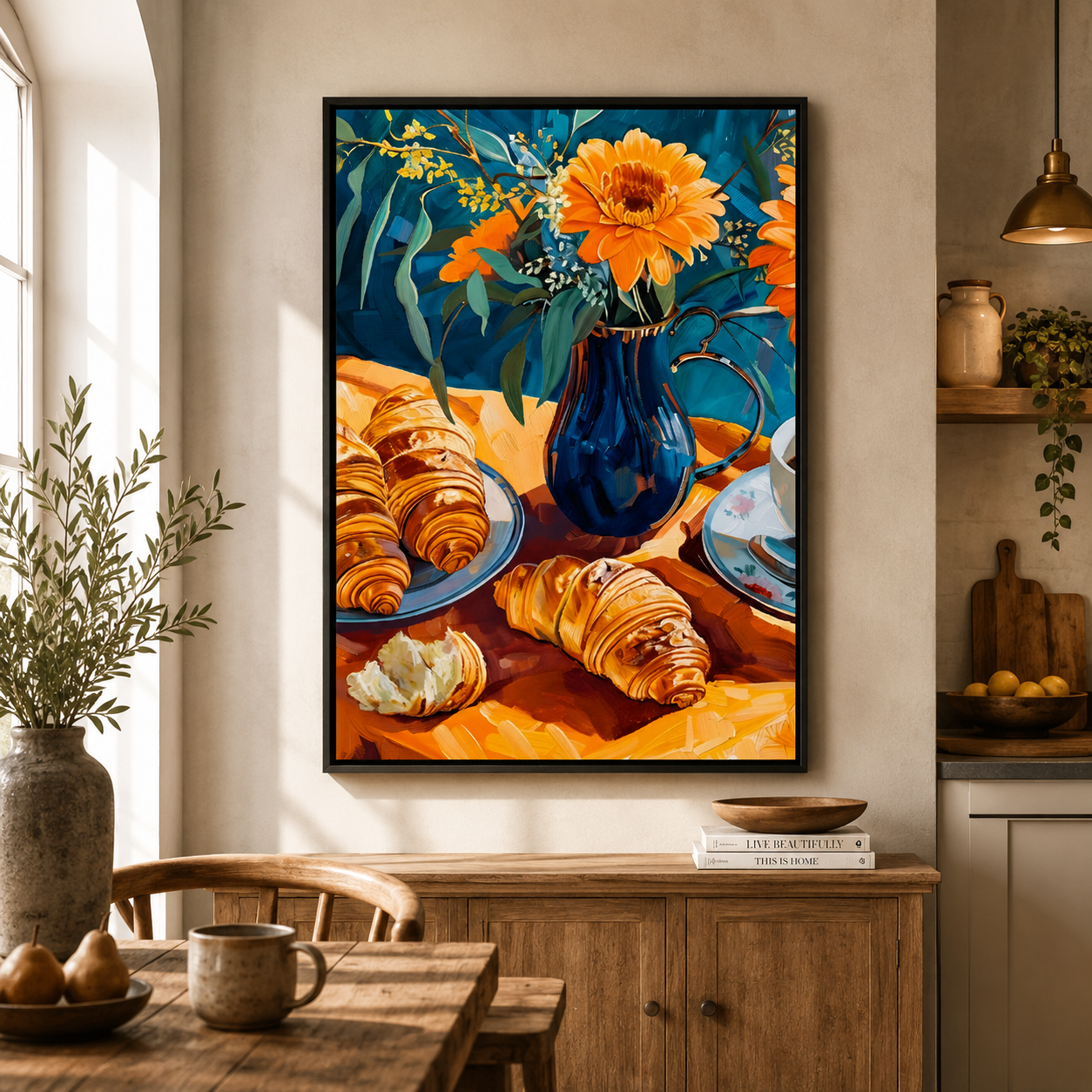 Croissant Breakfast Floral Wall Art Kitchen Canvas Painting Decor