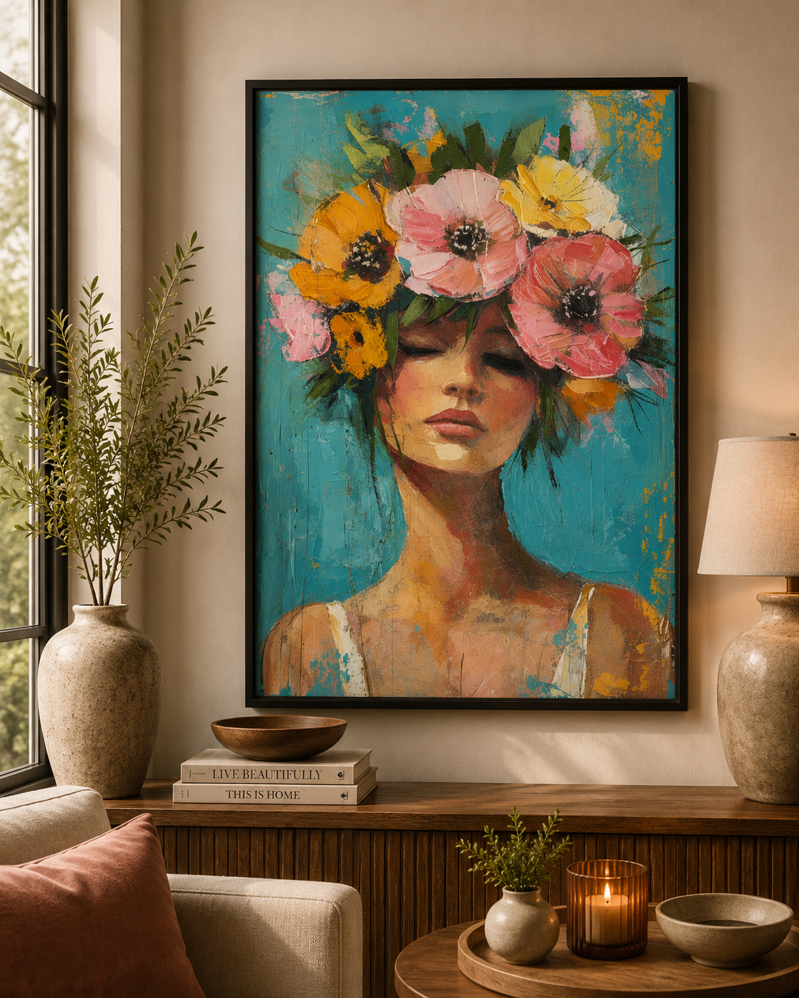Abstract Floral Woman Portrait Wall Art Canvas Painting Decor