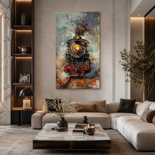 Vintage Steam Engine Vertical Canvas Wall Art Painting