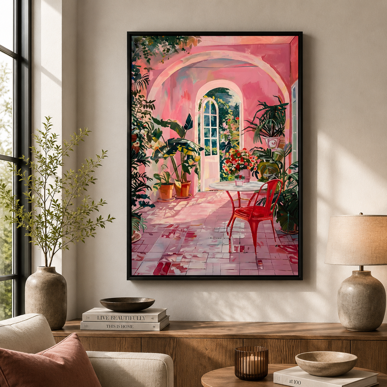 Pink Garden Patio Wall Art Abstract Canvas Painting for Kids Room